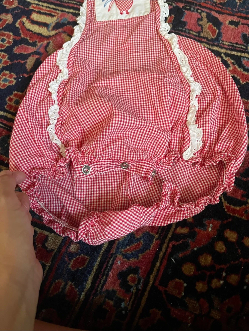 Red Gingham antique baby romper with Rooster Embroidery